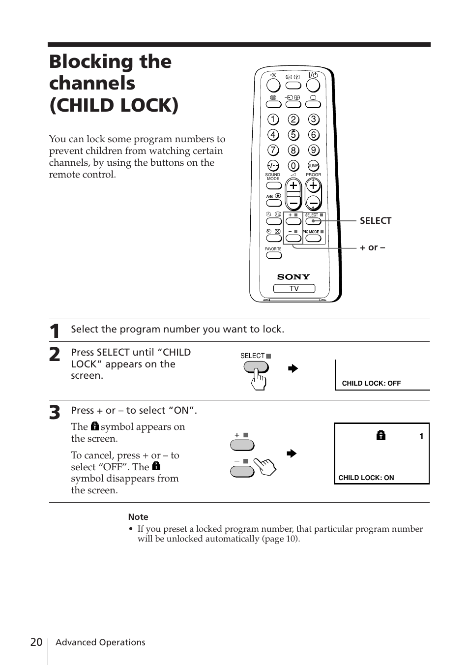Blocking the channels (child lock) | Sony KV-XA21M80 User Manual | Page 20 / 29