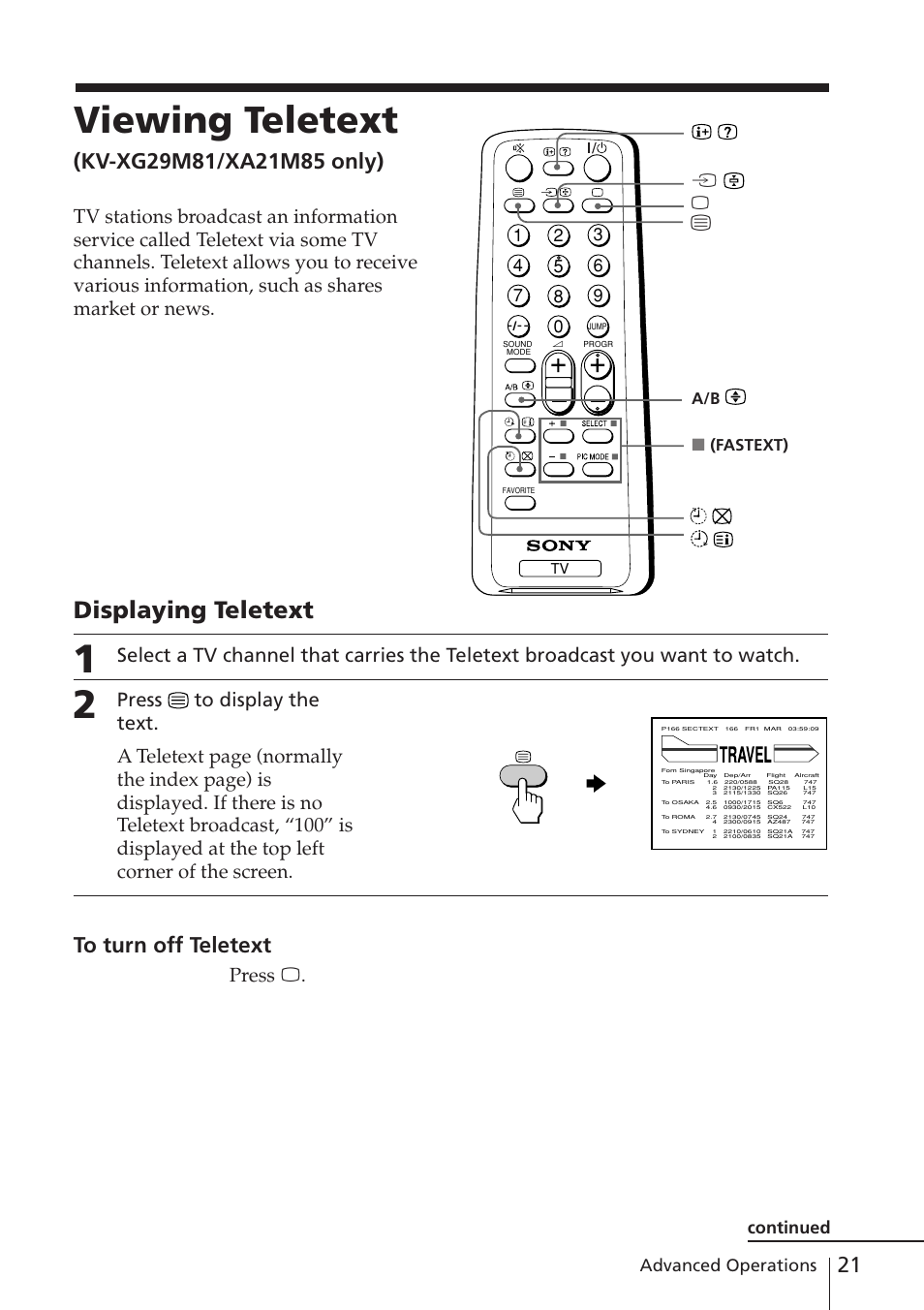 Viewing teletext (kv-xg29m81/xa21m85 only), Viewing teletext, Displaying teletext | Press a | Sony KV-XA21M80 User Manual | Page 21 / 29