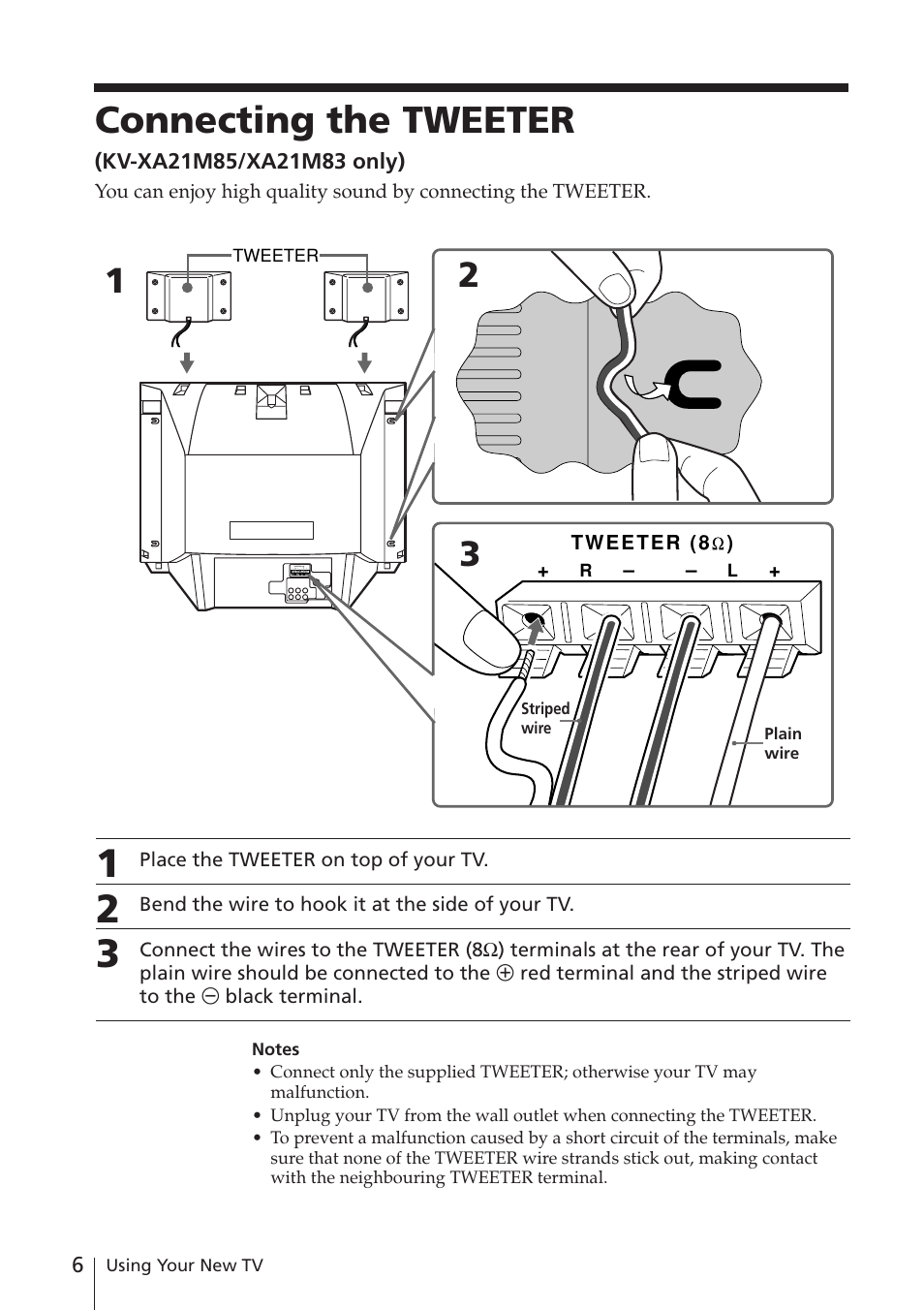 Connecting the tweeter (kv-xa21m85/xa21m83 only), Connecting the tweeter | Sony KV-XA21M80 User Manual | Page 6 / 29