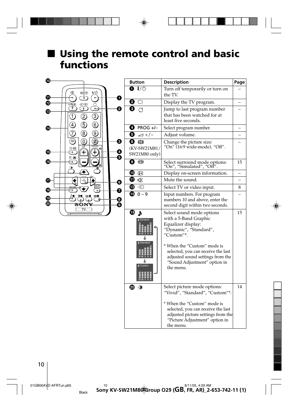 Using the remote control and basic functions, Xusing the remote control and basic functions | Sony KV-BZ21M80 User Manual | Page 10 / 62