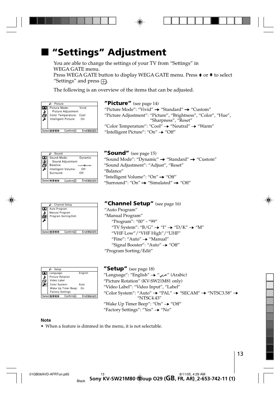 Settings” adjustment, X“settings” adjustment, Picture | Sound, Channel setup, Setup | Sony KV-BZ21M80 User Manual | Page 13 / 62