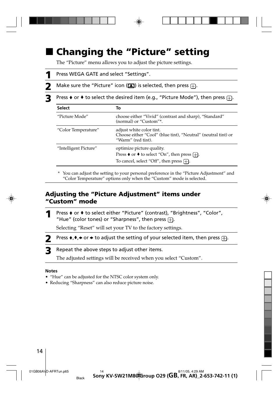 Changing the “picture” setting, Xchanging the “picture” setting | Sony KV-BZ21M80 User Manual | Page 14 / 62