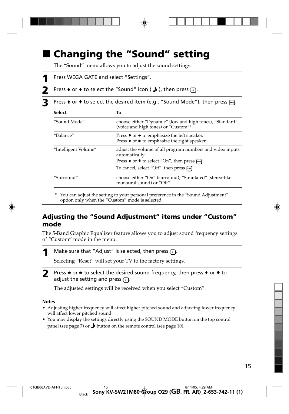 Changing the “sound” setting, Xchanging the “sound” setting | Sony KV-BZ21M80 User Manual | Page 15 / 62