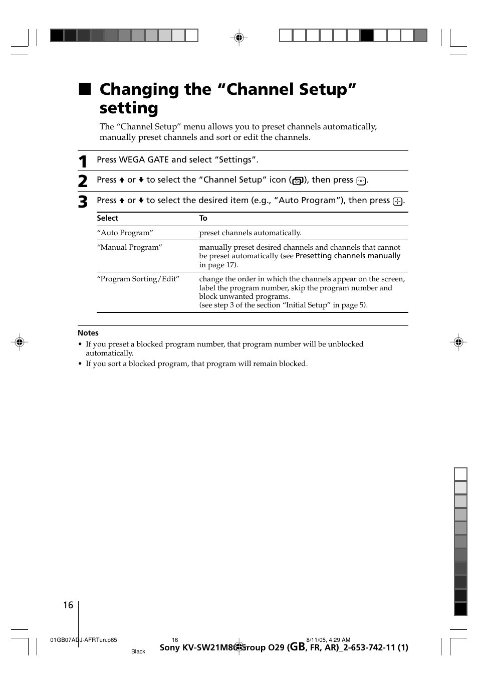 Changing the “channel setup” setting, Xchanging the “channel setup” setting | Sony KV-BZ21M80 User Manual | Page 16 / 62