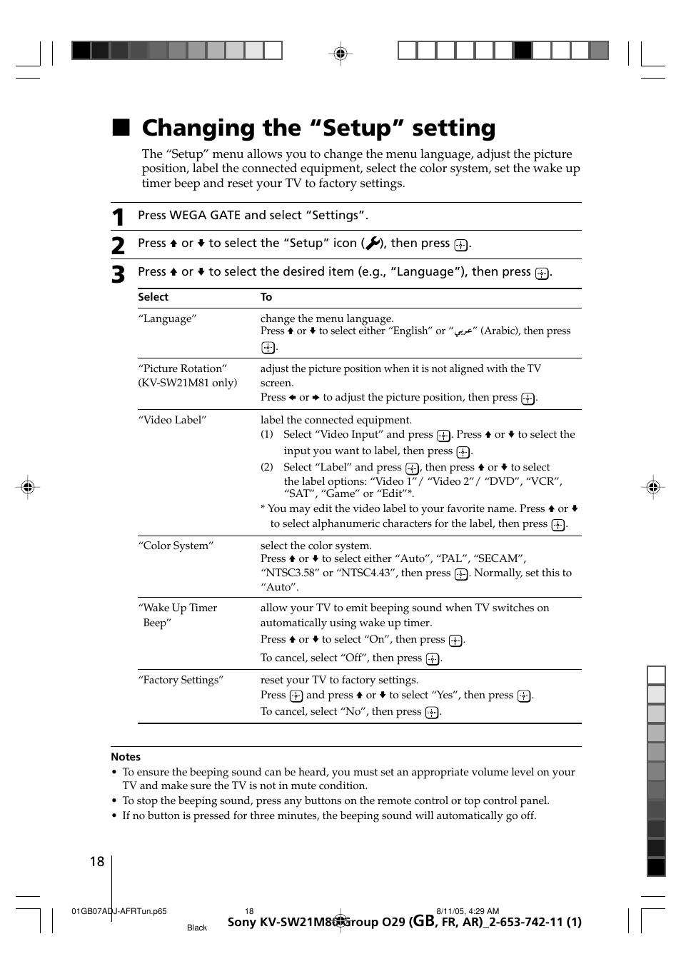 Changing the “setup” setting, Xchanging the “setup” setting | Sony KV-BZ21M80 User Manual | Page 18 / 62