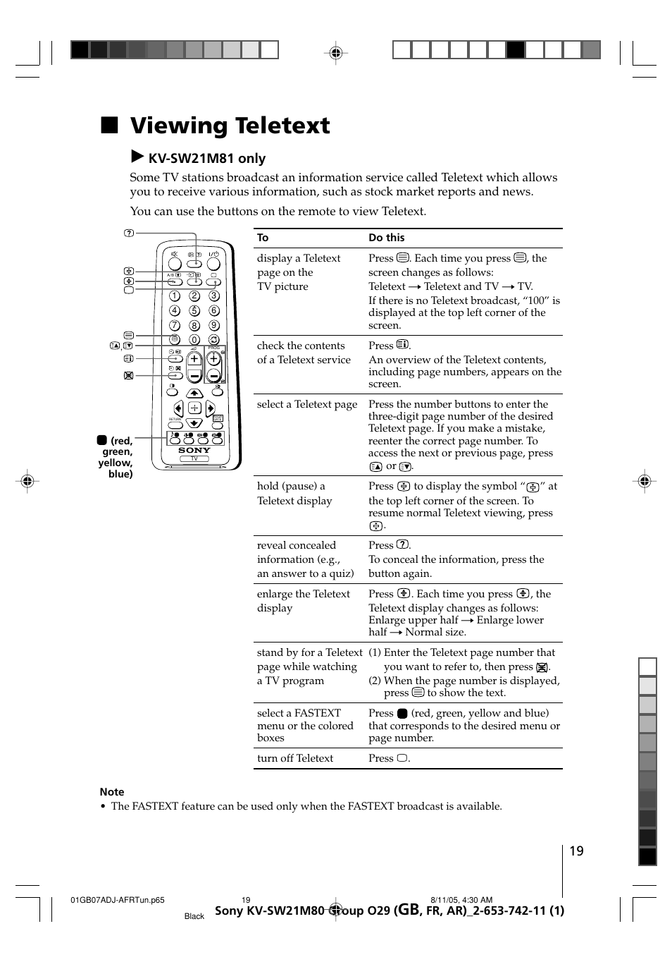 Viewing teletext, Xviewing teletext, Kv-sw21m81 only | Sony KV-BZ21M80 User Manual | Page 19 / 62