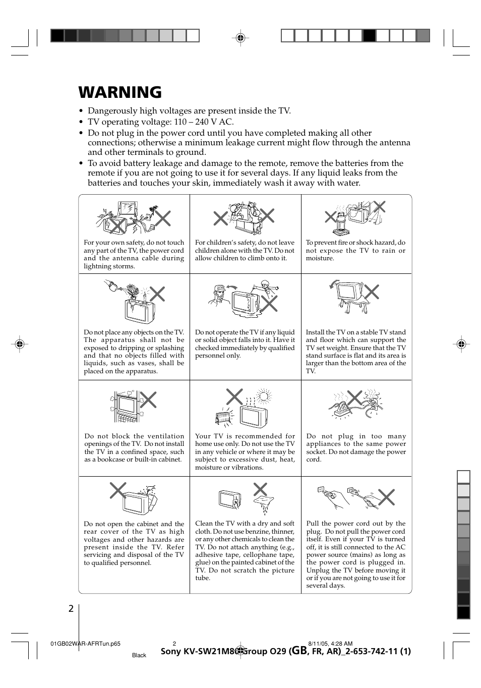 Warning | Sony KV-BZ21M80 User Manual | Page 2 / 62