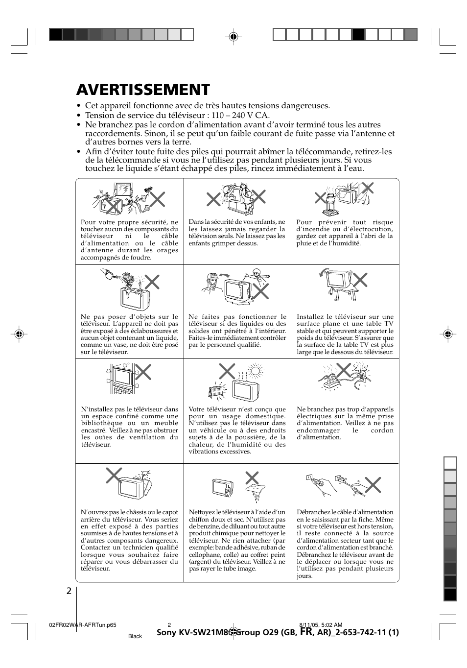 Avertissement | Sony KV-BZ21M80 User Manual | Page 22 / 62