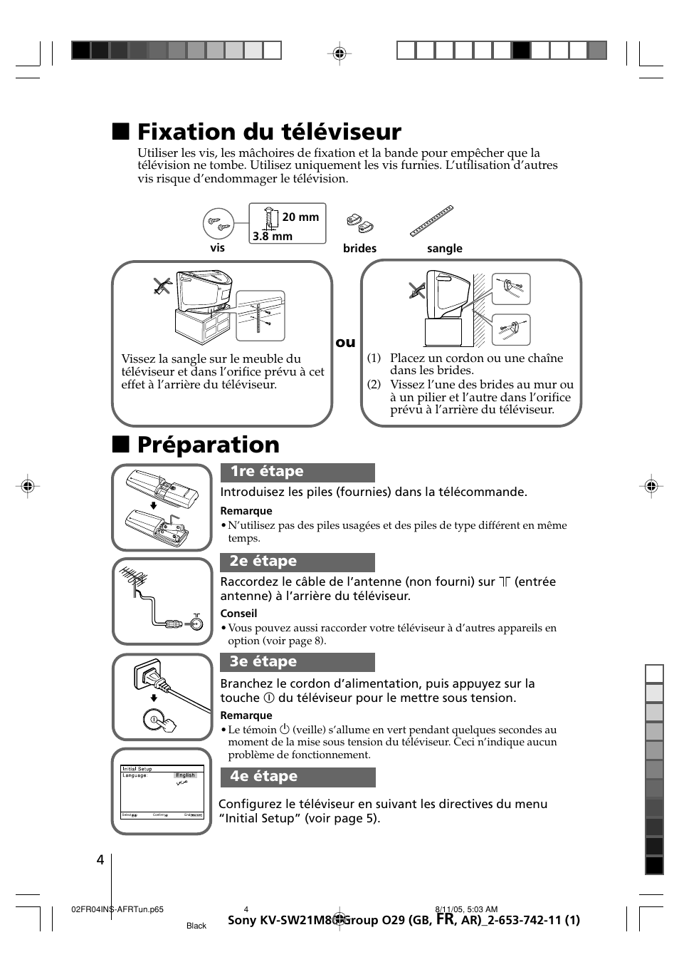 Fixation du téléviseur préparation, Xfixation du téléviseur, Xpréparation | 1re étape, 2e étape 3e étape 4e étape | Sony KV-BZ21M80 User Manual | Page 24 / 62