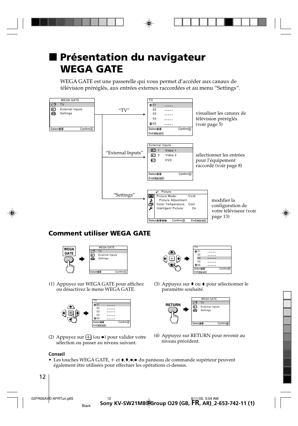 Présentation du navigateur wega gate, Xprésentation du navigateur wega gate, Comment utiliser wega gate | Sony KV-BZ21M80 User Manual | Page 32 / 62