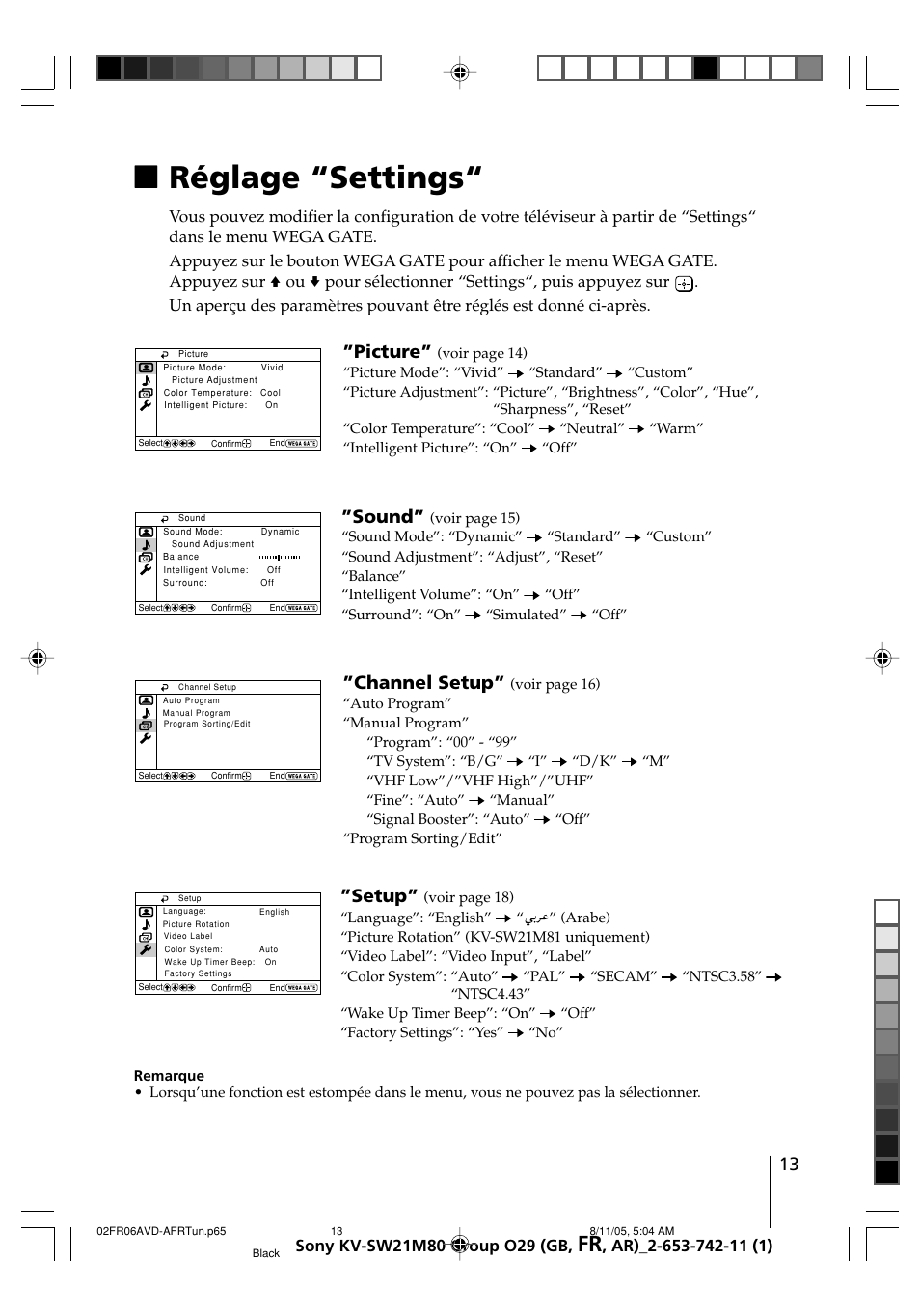 Réglage “settings, Xréglage “settings, Picture | Sound, Channel setup, Setup | Sony KV-BZ21M80 User Manual | Page 33 / 62