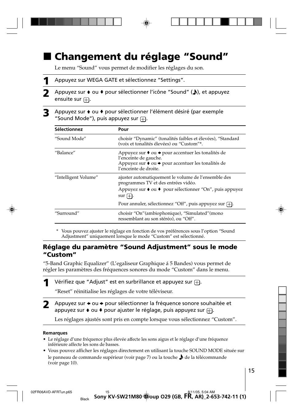 Changement du réglage “sound, Xchangement du réglage “sound | Sony KV-BZ21M80 User Manual | Page 35 / 62