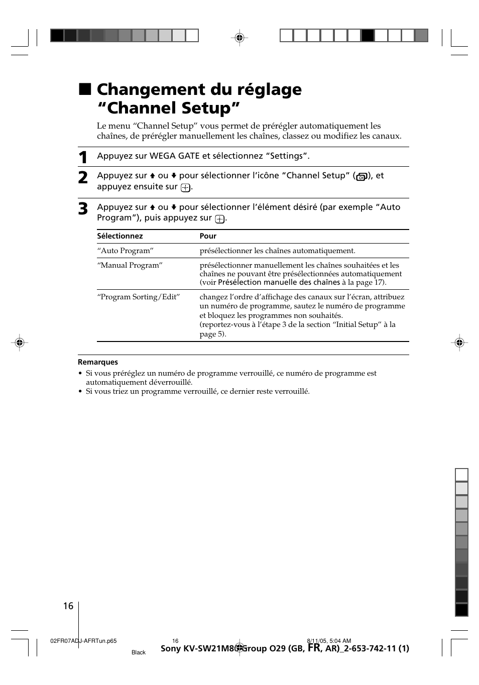 Changement du réglage “channel setup, Xchangement du réglage “channel setup | Sony KV-BZ21M80 User Manual | Page 36 / 62