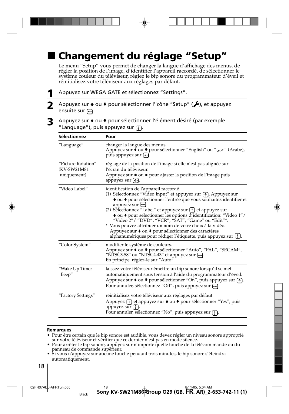 Changement du réglage “setup, Xchangement du réglage “setup | Sony KV-BZ21M80 User Manual | Page 38 / 62