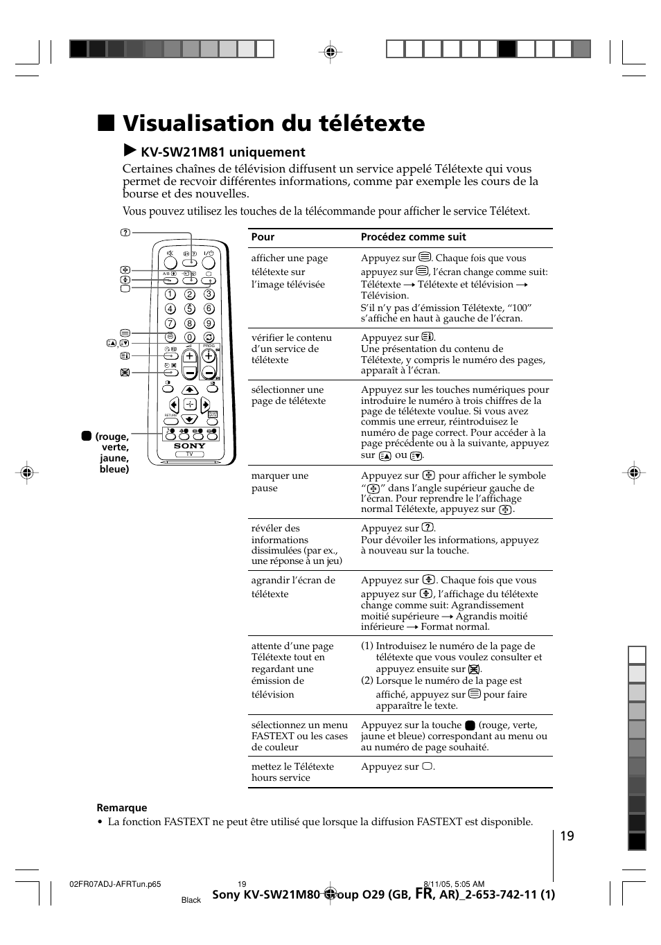 Visualisation du télétexte, Xvisualisation du télétexte, Kv-sw21m81 uniquement | Sony KV-BZ21M80 User Manual | Page 39 / 62