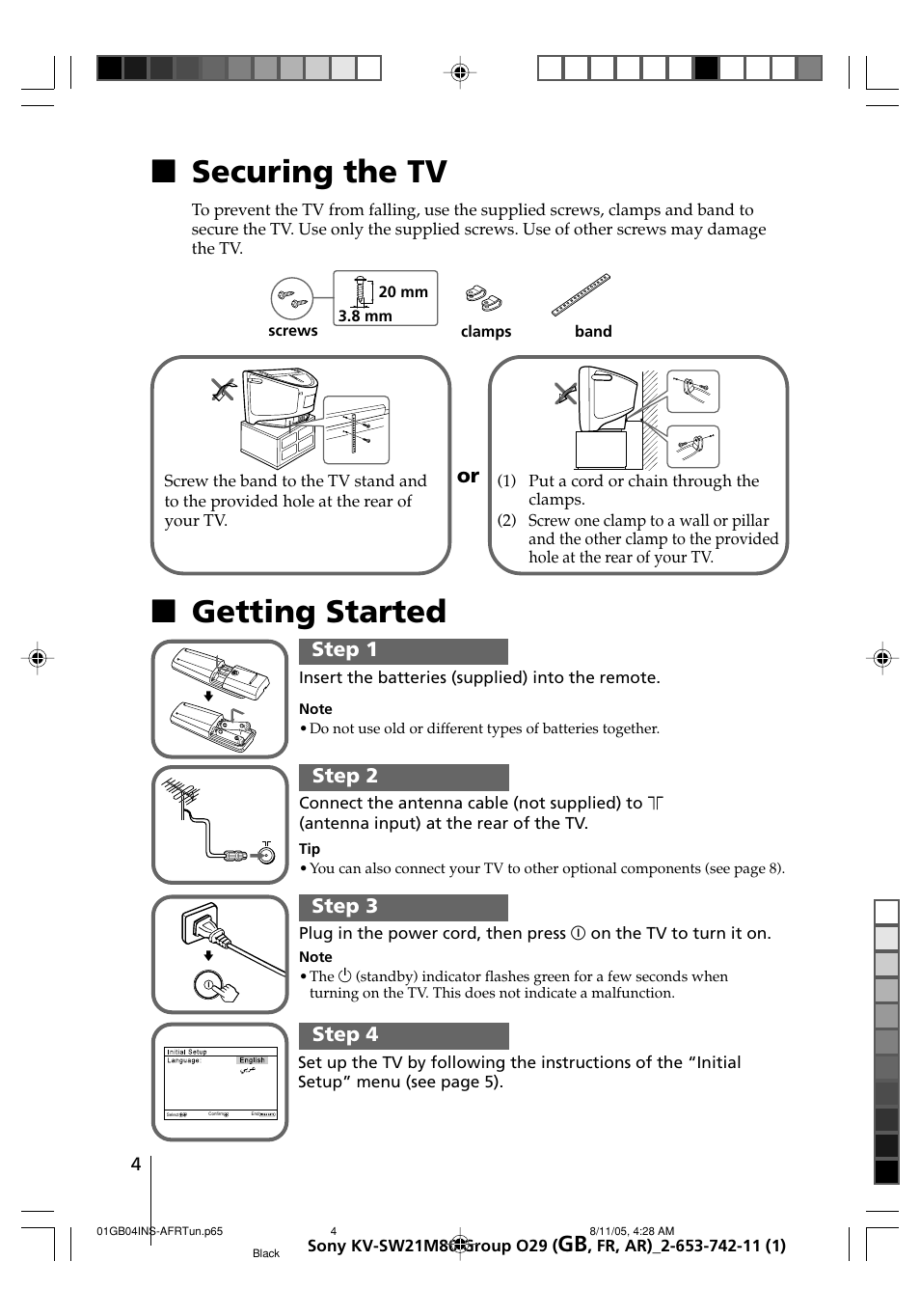 Securing the tv getting started, Xsecuring the tv, Xgetting started | Step 1 step 2 step 3 step 4 | Sony KV-BZ21M80 User Manual | Page 4 / 62