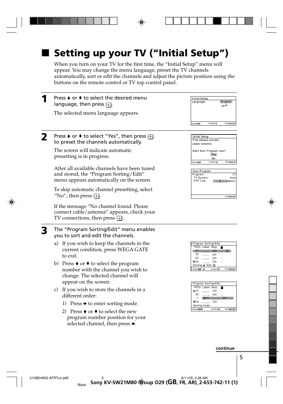 Setting up your tv (“initial setup”), Xsetting up your tv (“initial setup”) | Sony KV-BZ21M80 User Manual | Page 5 / 62