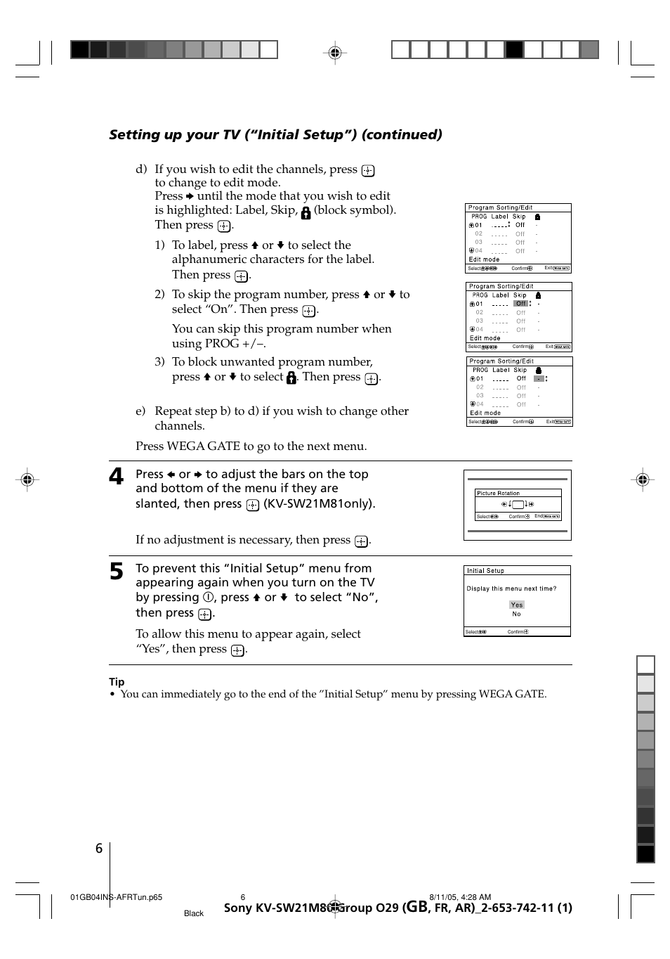 Setting up your tv (“initial setup”) (continued) | Sony KV-BZ21M80 User Manual | Page 6 / 62