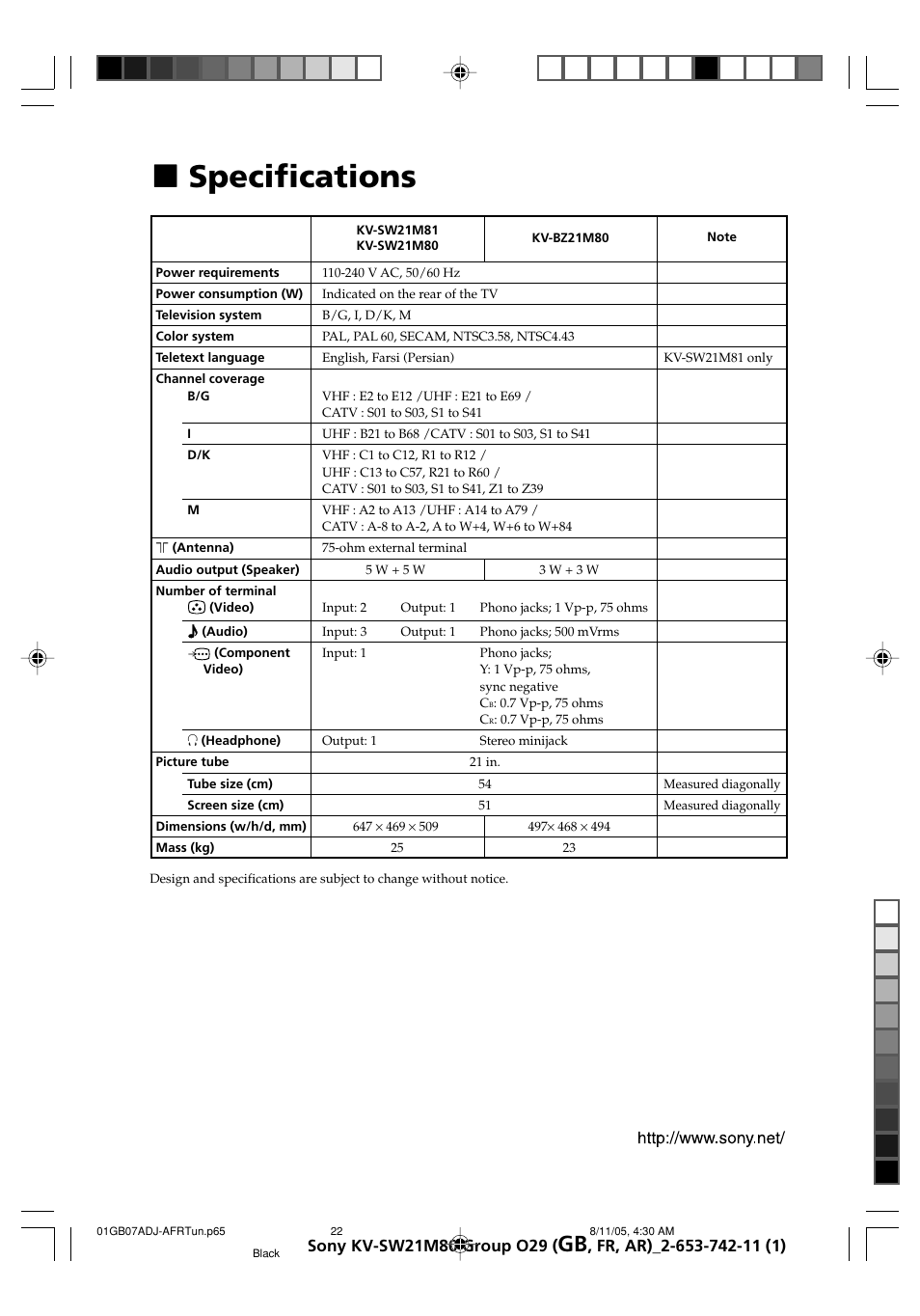 Xspecifications | Sony KV-BZ21M80 User Manual | Page 62 / 62