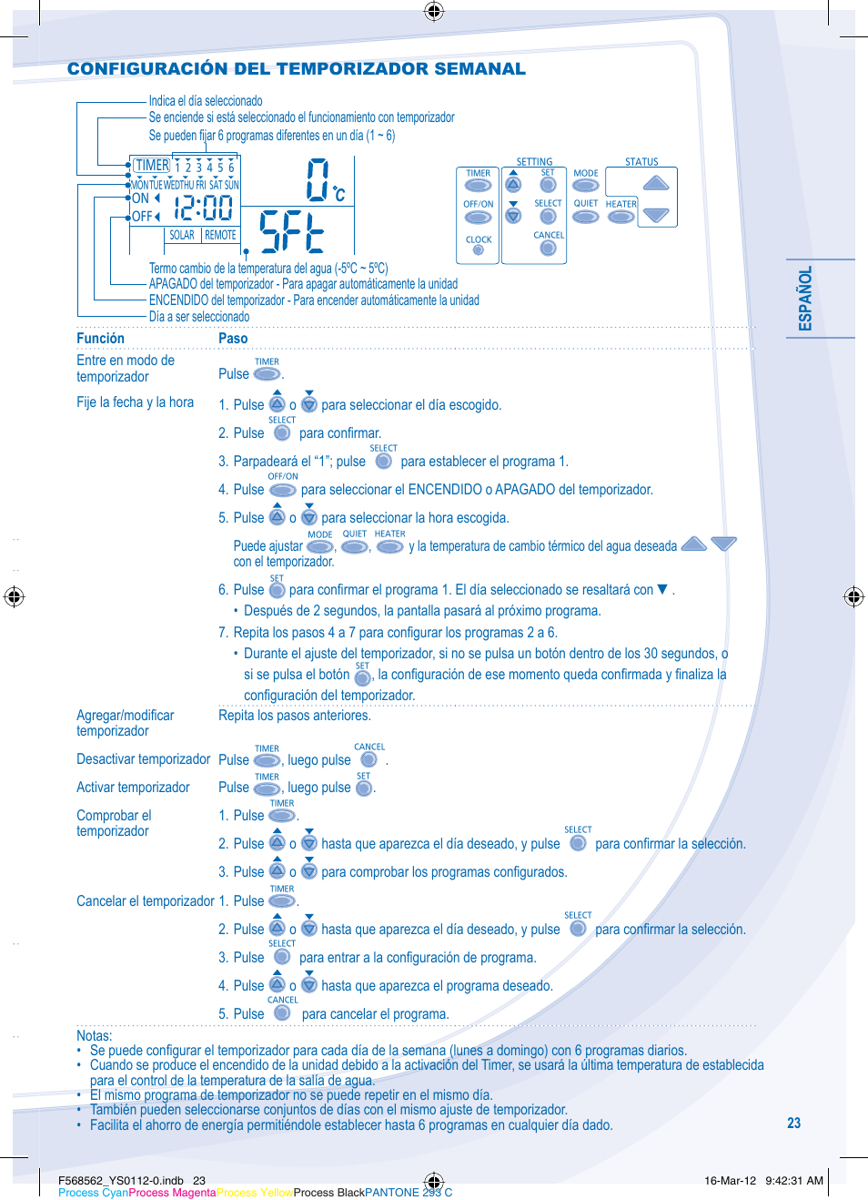 Esp añol, Configuración del temporizador semanal | Panasonic WHSXF12D6E51 User Manual | Page 23 / 76