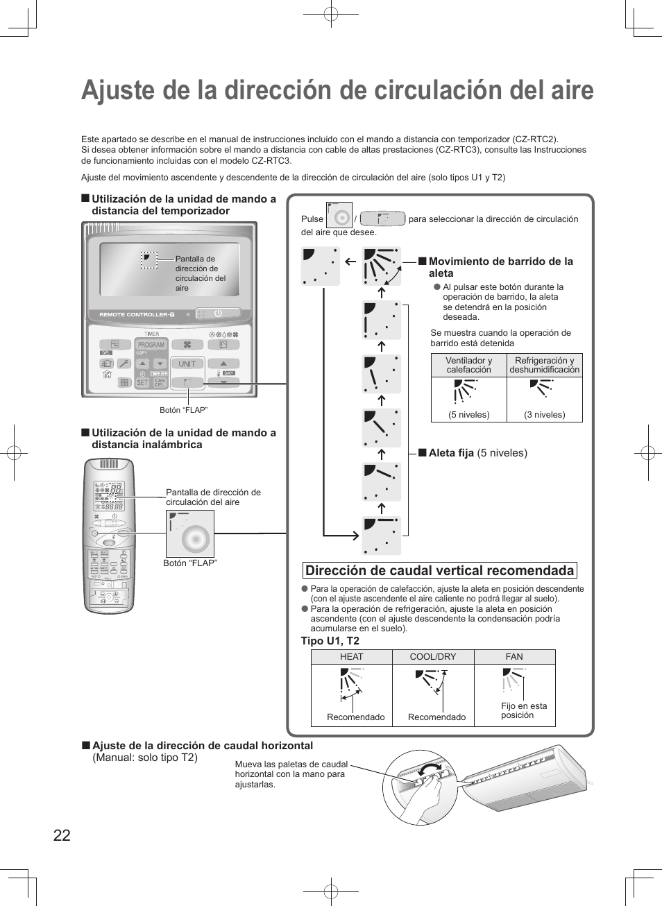 Ajuste de la dirección de circulación del aire, Dirección de caudal vertical recomendada | Panasonic U140PEY1E8 User Manual | Page 22 / 80