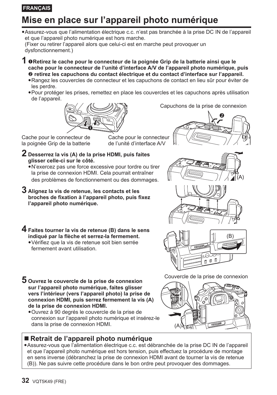 Mise en place sur l’appareil photo numérique, Retrait de l’appareil photo numérique | Panasonic DMWYAGHE User Manual | Page 32 / 64