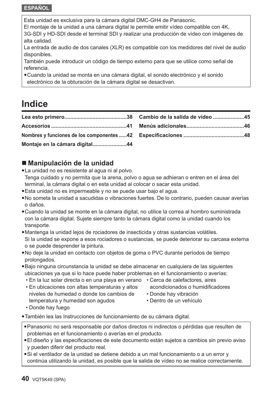 Indice, Manipulación de la unidad | Panasonic DMWYAGHE User Manual | Page 40 / 64