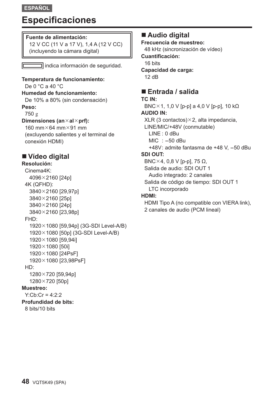 Especificaciones, Vídeo digital, Audio digital | Entrada / salida | Panasonic DMWYAGHE User Manual | Page 48 / 64