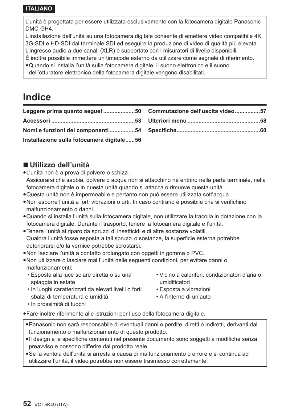 Indice, Utilizzo dell’unità | Panasonic DMWYAGHE User Manual | Page 52 / 64