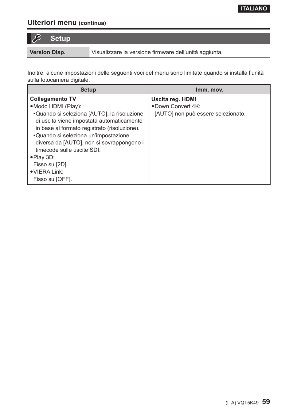 Setup, Ulteriori menu | Panasonic DMWYAGHE User Manual | Page 59 / 64