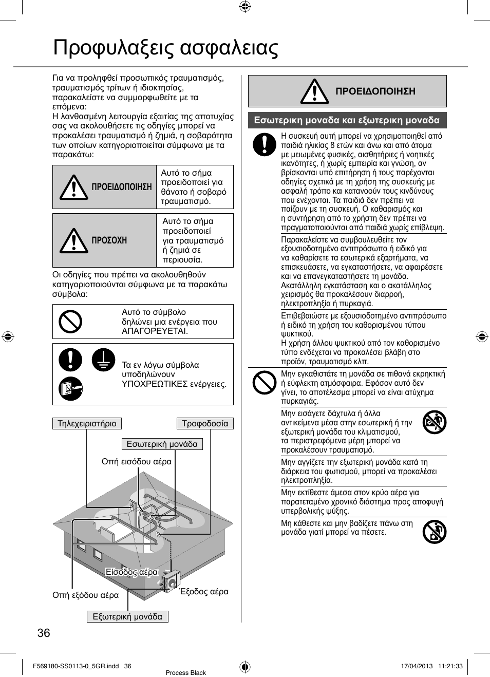 Προφυλαξεις ασφαλειας | Panasonic CU5E34PBE User Manual | Page 36 / 76