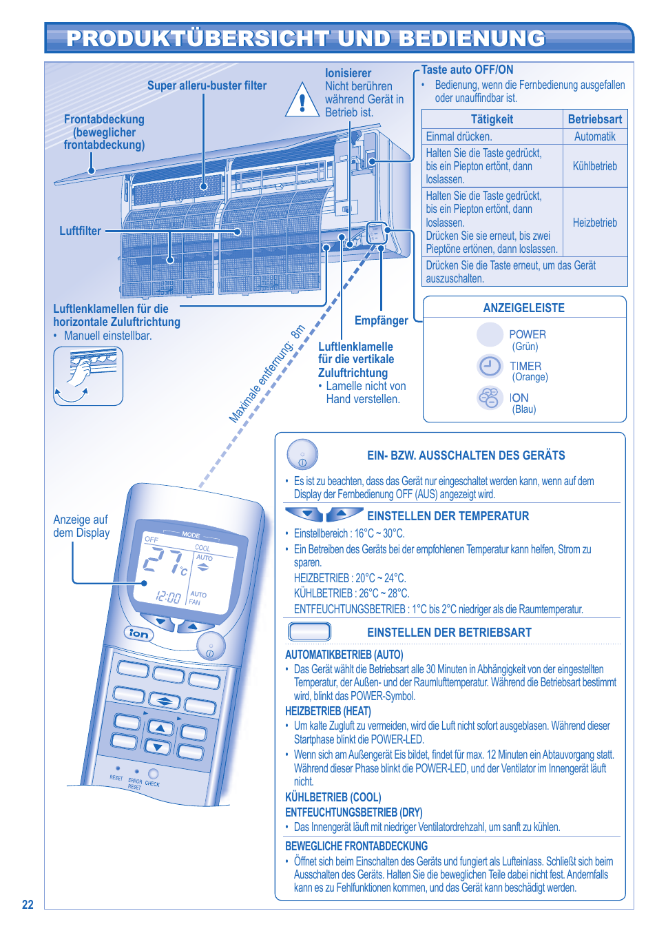 Produktübersicht und bedienung | Panasonic CSTE12HKE User Manual | Page 22 / 56