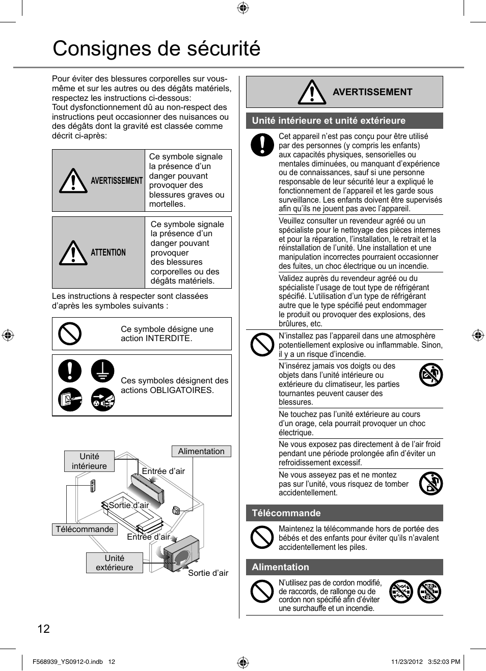 Consignes de sécurité | Panasonic CU2RE18PBE User Manual | Page 12 / 52