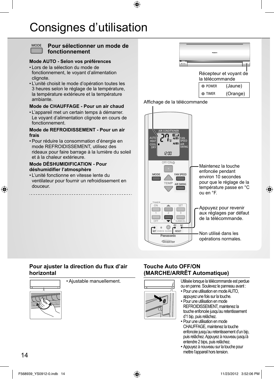 Consignes d’utilisation, Pour sélectionner un mode de fonctionnement, Touche auto off/on (marche/arrêt automatique) | Affi chage de la télécommande, Jaune), Orange) | Panasonic CU2RE18PBE User Manual | Page 14 / 52