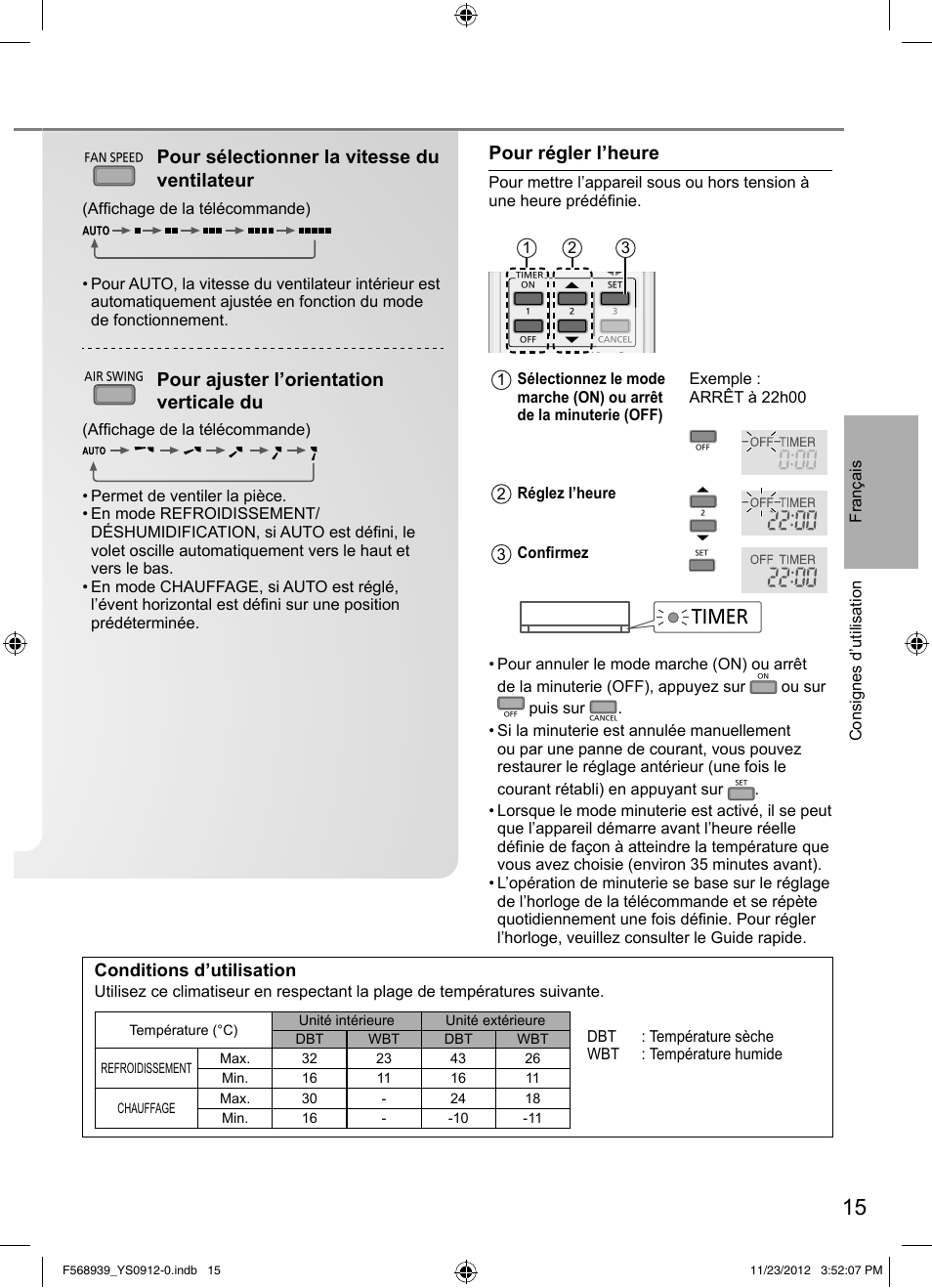 Pour sélectionner la vitesse du ventilateur, Pour ajuster l’orientation verticale du, Pour régler l’heure | Conditions d’utilisation, Timer | Panasonic CU2RE18PBE User Manual | Page 15 / 52