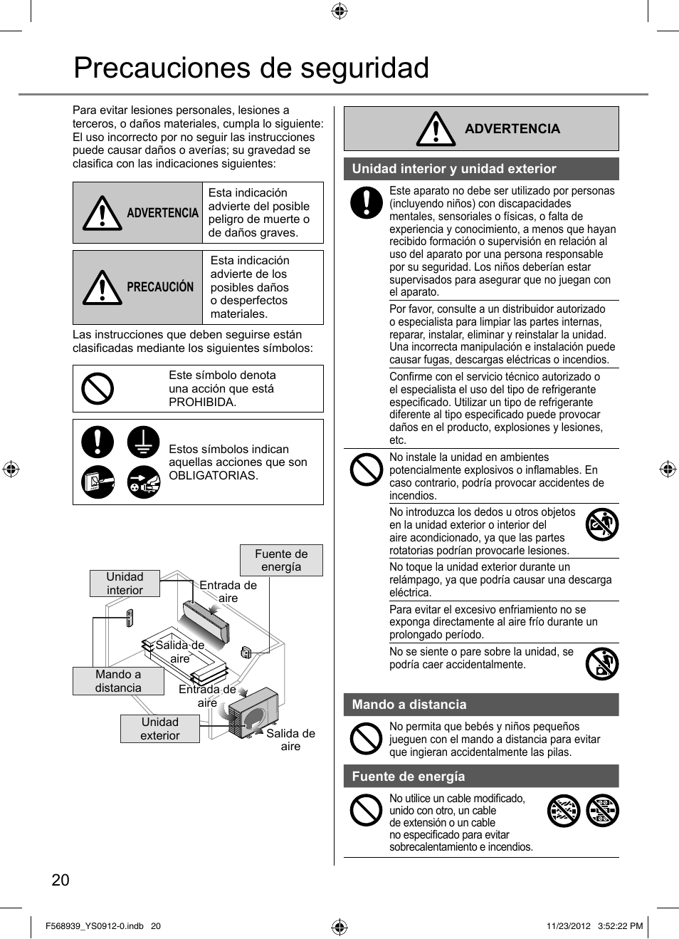 Precauciones de seguridad | Panasonic CU2RE18PBE User Manual | Page 20 / 52