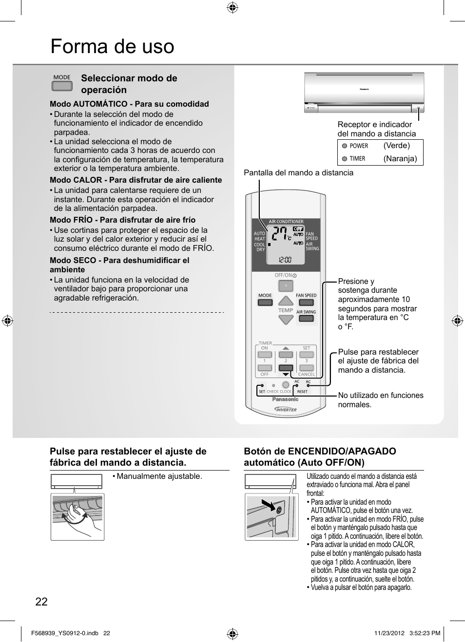Forma de uso, Seleccionar modo de operación, Pantalla del mando a distancia | Verde), Naranja) | Panasonic CU2RE18PBE User Manual | Page 22 / 52