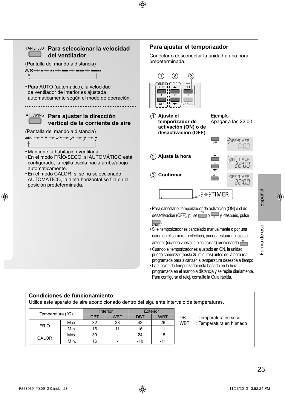 Para seleccionar la velocidad del ventilador, Para ajustar el temporizador, Condiciones de funcionamiento | Timer | Panasonic CU2RE18PBE User Manual | Page 23 / 52