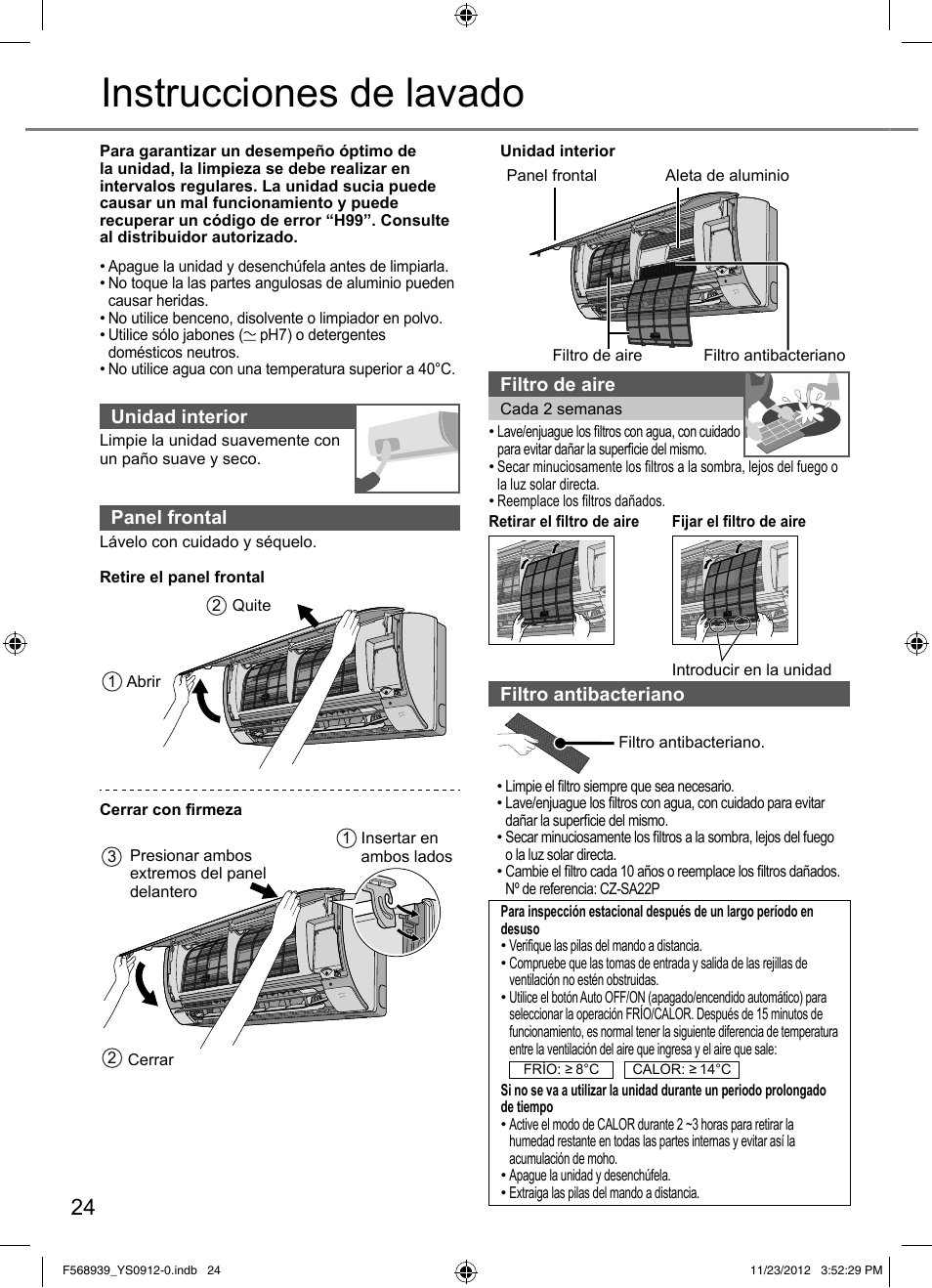 Instrucciones de lavado | Panasonic CU2RE18PBE User Manual | Page 24 / 52