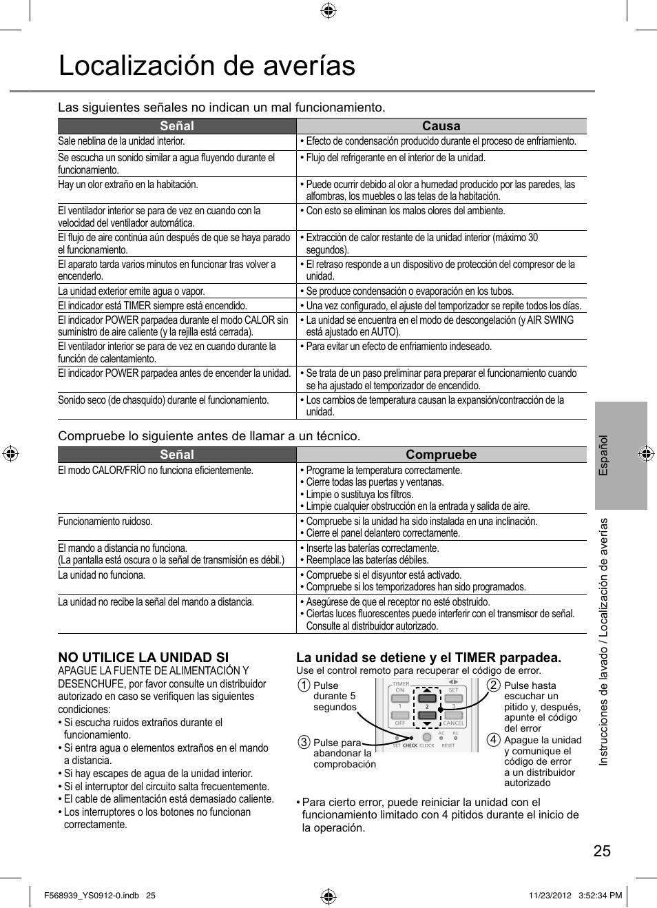Localización de averías, No utilice la unidad si, La unidad se detiene y el timer parpadea | Panasonic CU2RE18PBE User Manual | Page 25 / 52