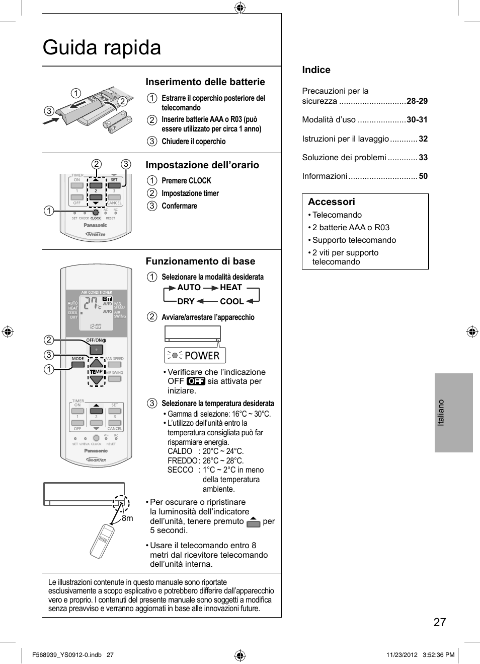 Guida rapida, Inserimento delle batterie, Impostazione dell’orario | Funzionamento di base, Indice, Accessori, Power, Italiano, 1 premere clock 2 impostazione timer 3 confermare, 12 3 8m | Panasonic CU2RE18PBE User Manual | Page 27 / 52
