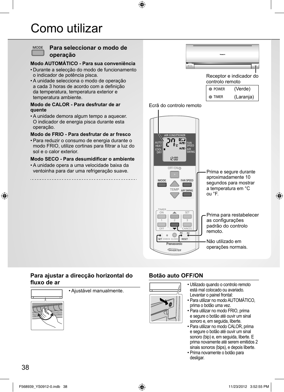 Como utilizar, Para seleccionar o modo de operação, Botão auto off/on | Para ajustar a direcção horizontal do fl uxo de ar, Ecrã do controlo remoto, Verde), Laranja) | Panasonic CU2RE18PBE User Manual | Page 38 / 52