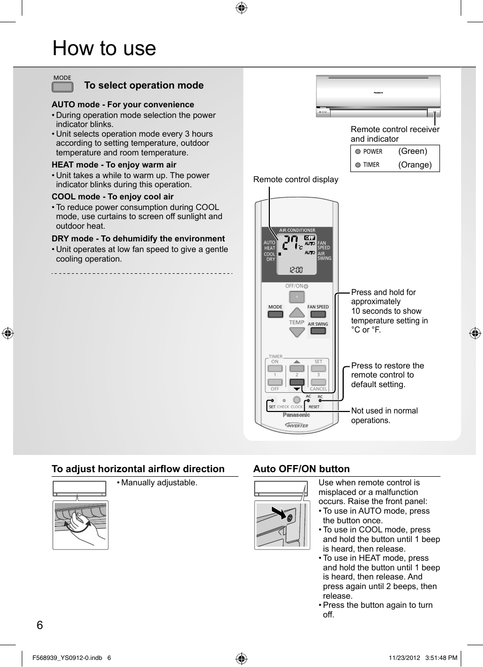 How to use, Auto off/on button, Remote control display | Green), Orange) | Panasonic CU2RE18PBE User Manual | Page 6 / 52