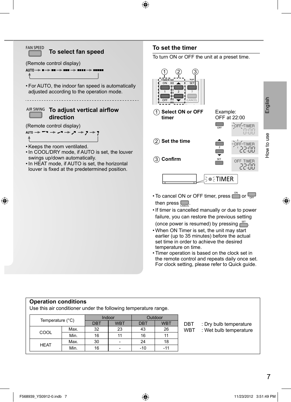 Operation conditions, Timer | Panasonic CU2RE18PBE User Manual | Page 7 / 52