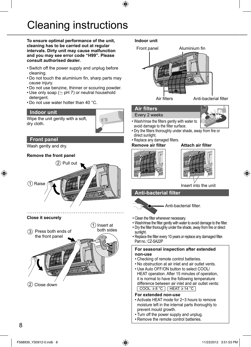 Cleaning instructions | Panasonic CU2RE18PBE User Manual | Page 8 / 52