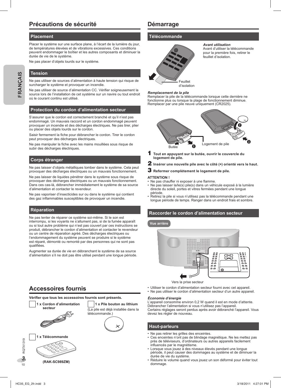 Précautions de sécurité, Accessoires fournis, Démarrage | English français français | Panasonic SCHC05EG User Manual | Page 10 / 52