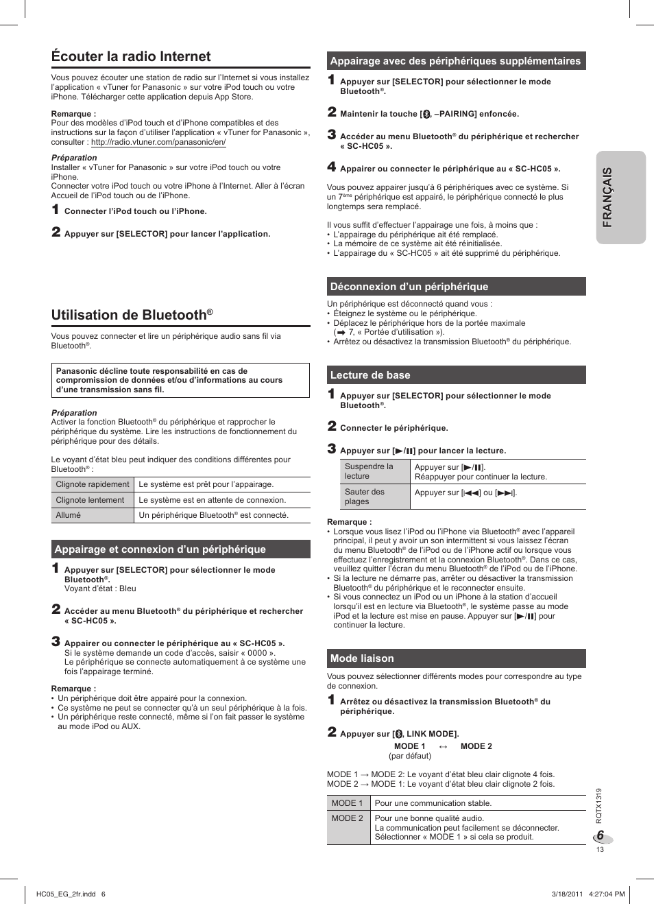Écouter la radio internet, Utilisation de bluetooth, English français français | Panasonic SCHC05EG User Manual | Page 13 / 52