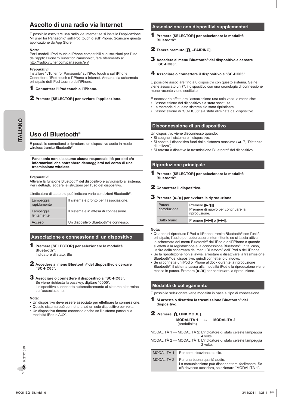 Ascolto di una radio via internet, Uso di bluetooth, It aliano it aliano | Panasonic SCHC05EG User Manual | Page 20 / 52