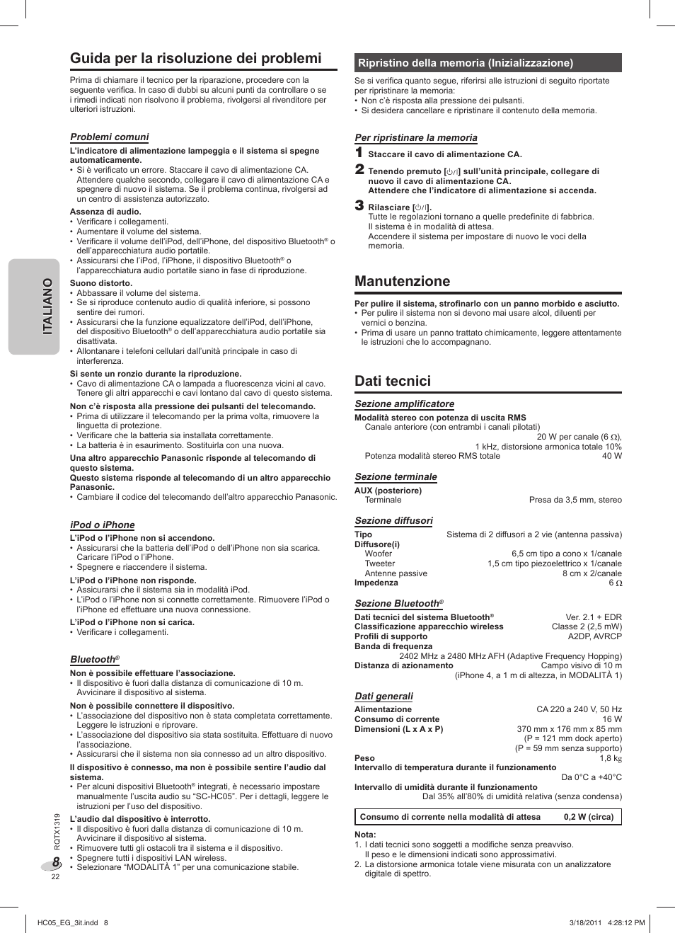 Guida per la risoluzione dei problemi, Manutenzione, Dati tecnici | It aliano it aliano | Panasonic SCHC05EG User Manual | Page 22 / 52