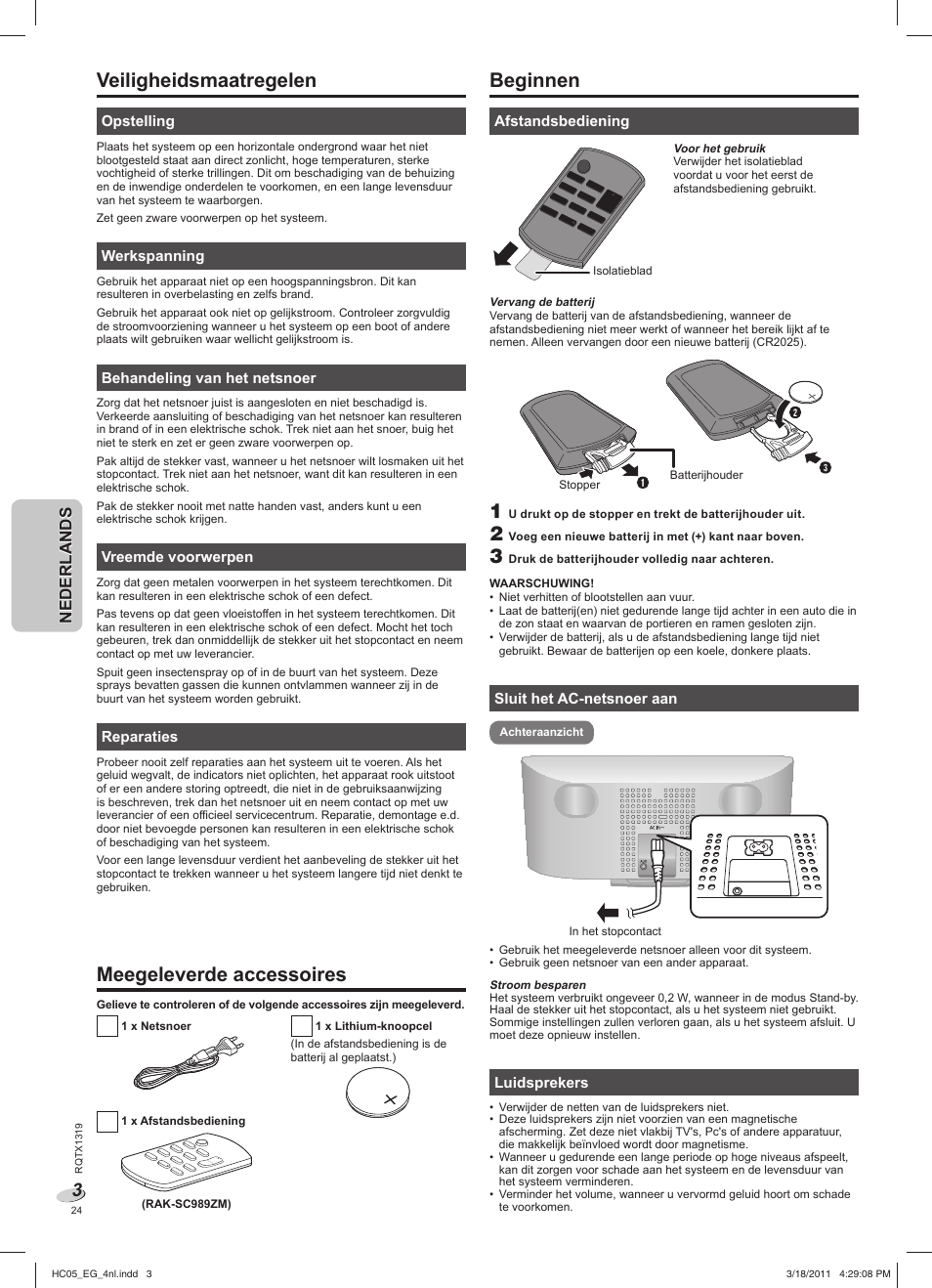 Veiligheidsmaatregelen, Meegeleverde accessoires, Beginnen | Nederlandsnederlands | Panasonic SCHC05EG User Manual | Page 24 / 52